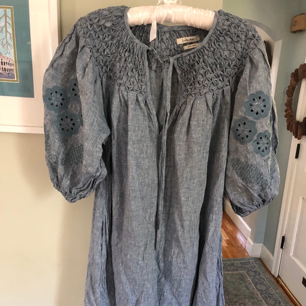 Innika Choo chambray linen smocked eyelet dress